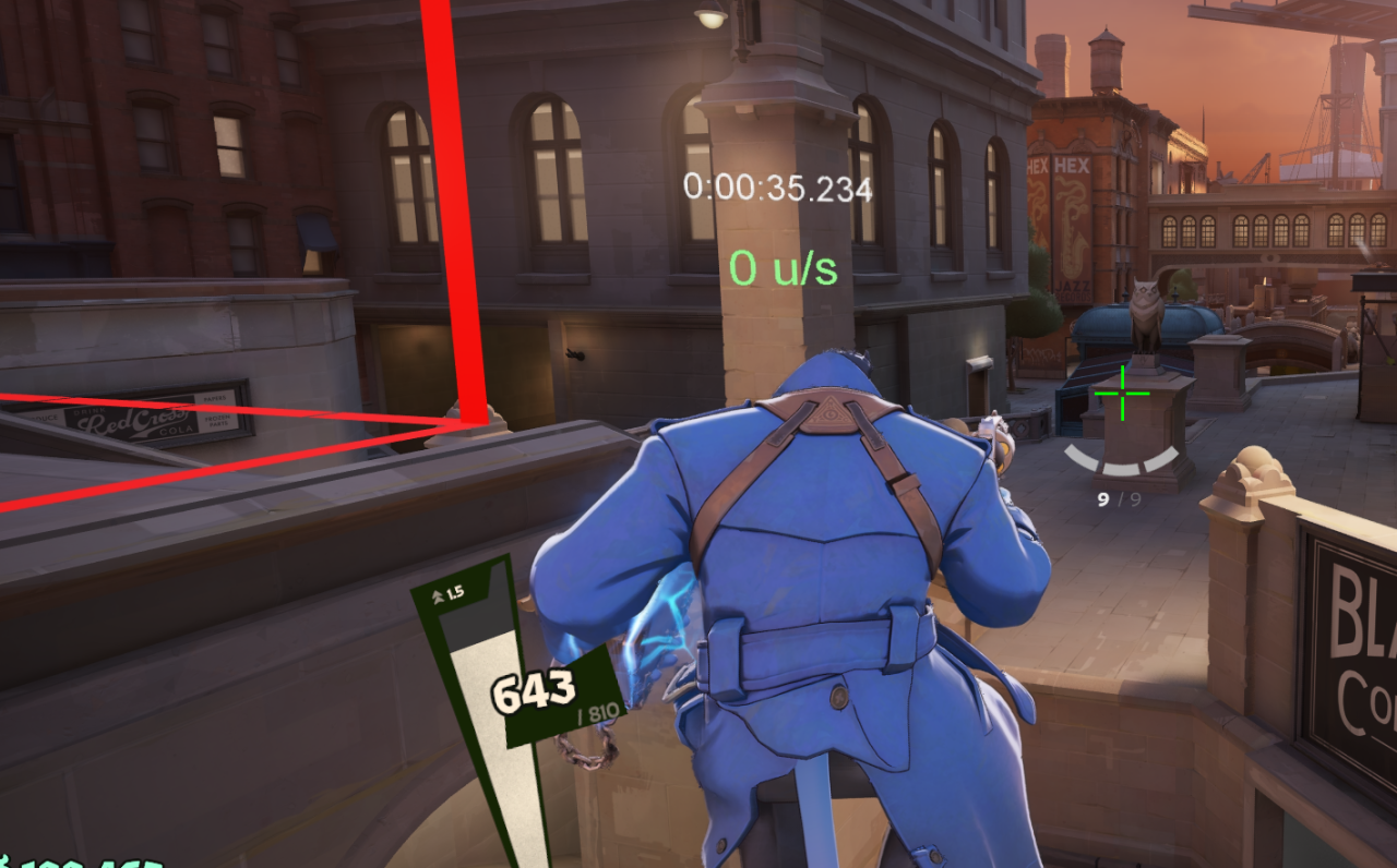 A Deadlock player with a run timer and speed readout floating above their head